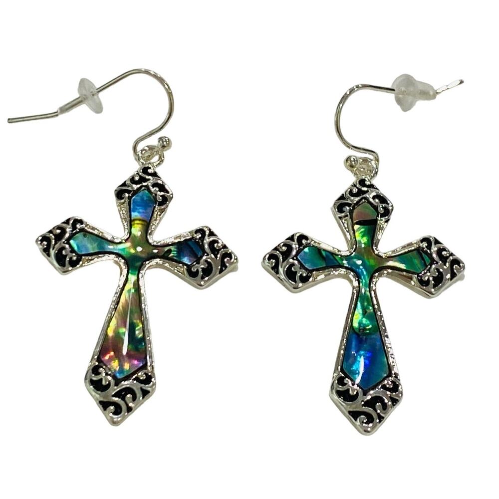Silvertone & abalone shell pierced earrings drop dangle Maltese cross beach Boho